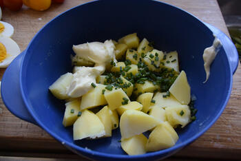 Koude schotel met sla, gevulde eitjes en gerookte zalm 3