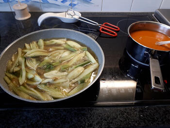 Gestoofde venkel met tomatensaus, pasta en scampi 6